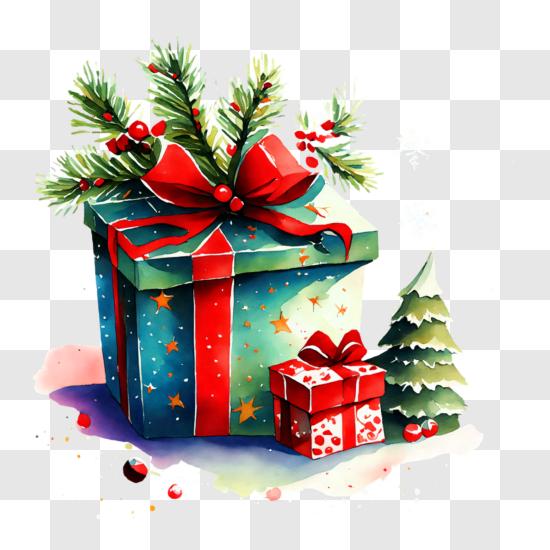 Boîte cadeau de Noël festive avec nœud et panneau Joyeux Noël PNG