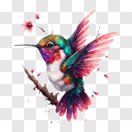 Colorful Hummingbird with pink and purple body perched on a branch with flowers PNG