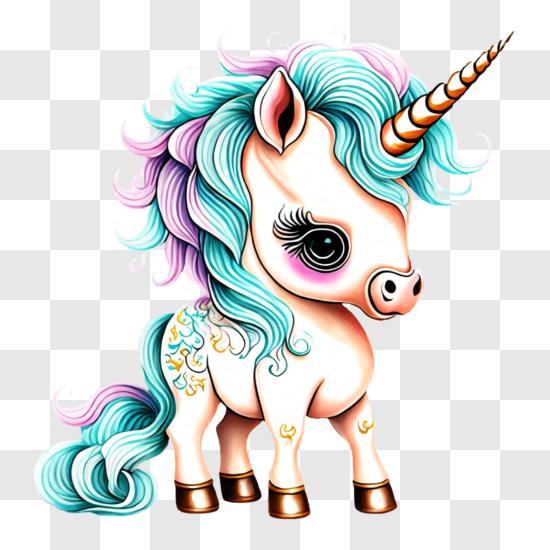 Cartoon Unicorn with Blue and Purple Mane and Tail PNG