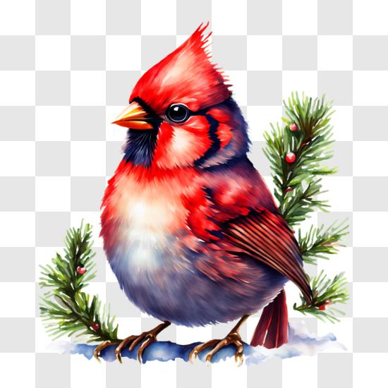 Red Cardinal Bird Perched on a Branch with Pine Needles PNG