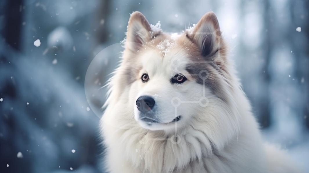 White Husky Dog in a Snowy Forest stock photo | Creative Fabrica