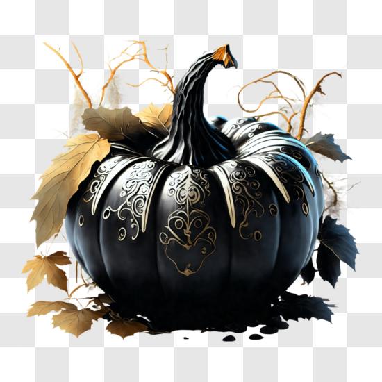 Intricately designed black pumpkin with gold floral patterns PNG