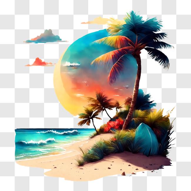 Download Tropical Beach Sunset with Palm Tree PNG Online - Creative Fabrica