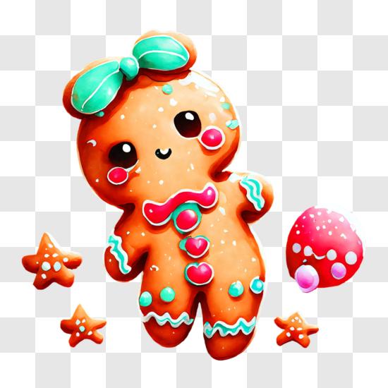 Cute Gingerbread Man with Balloon and Candy Canes PNG