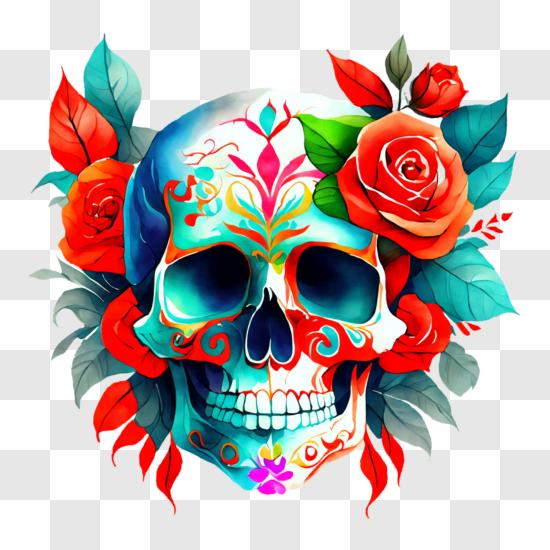 Sugar Skull With Flowers Colorful PNG