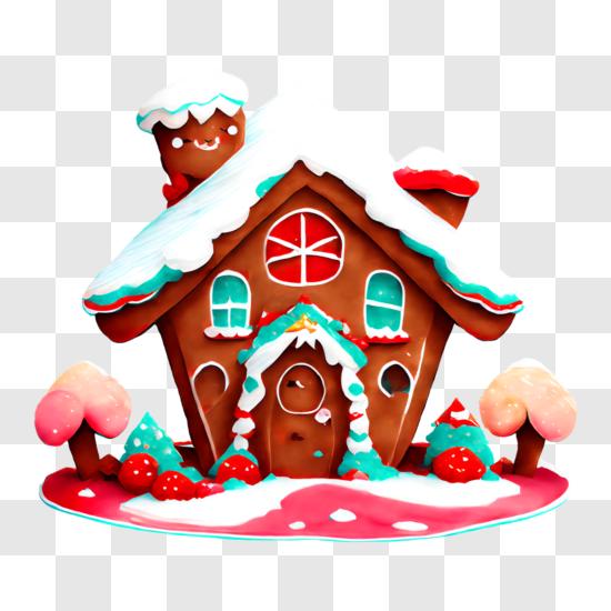 Gingerbread House with Snowy Roof and Decorated Walls PNG