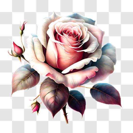 White Rose with Pink Petals and Green Leaves PNG
