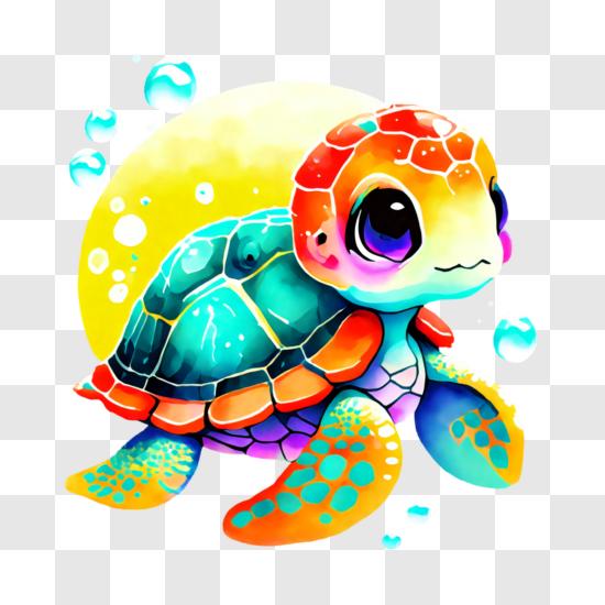 Cartoon Turtle with Colorful Shell and Bubbles PNG