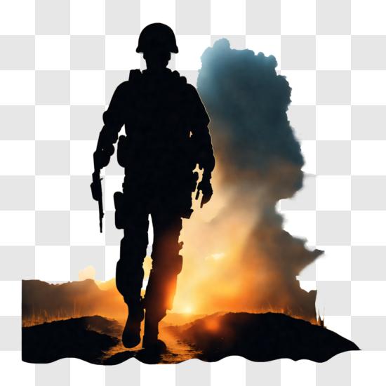 Silhouette of a Soldier with Sunset Background PNG