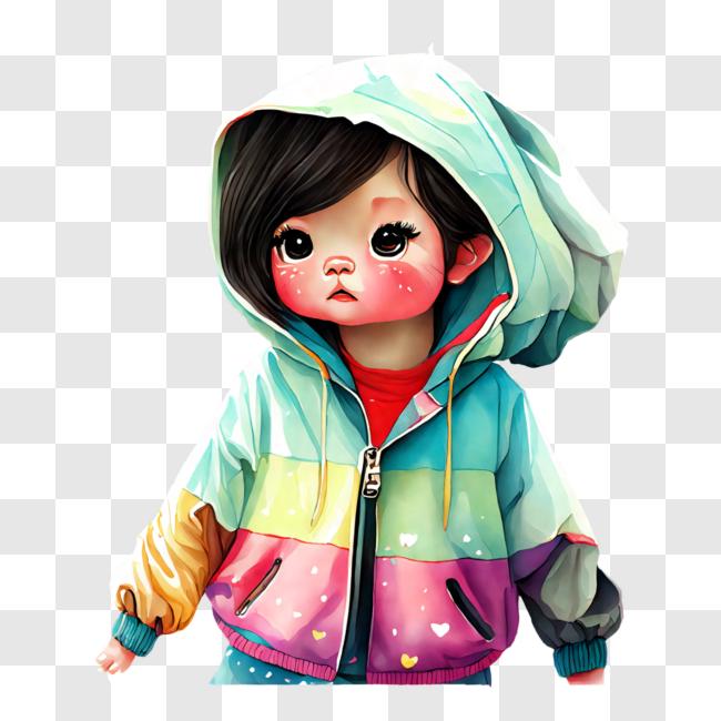 Download Young Girl Wearing Colorful Hoodie with Cartoon Character PNG ...
