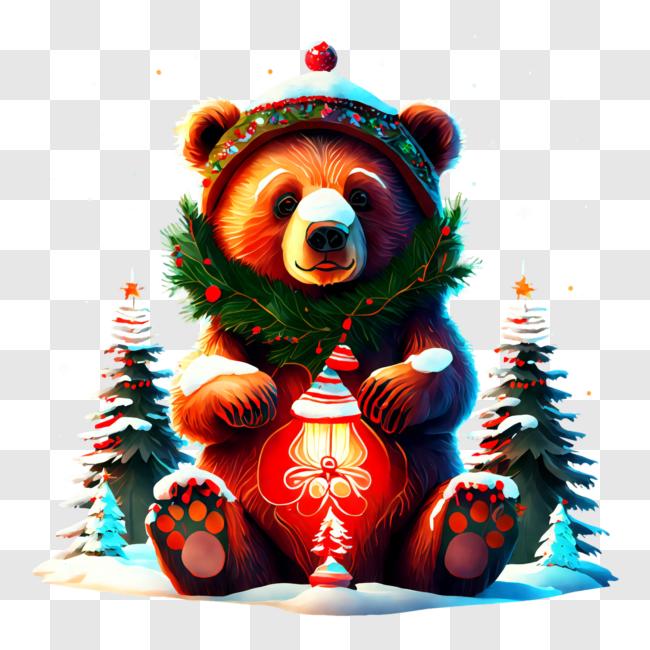 Download Brown Bear in Santa Claus Hat with Candle PNG Online