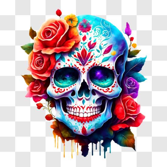 Colorful Sugar Skull with Roses PNG