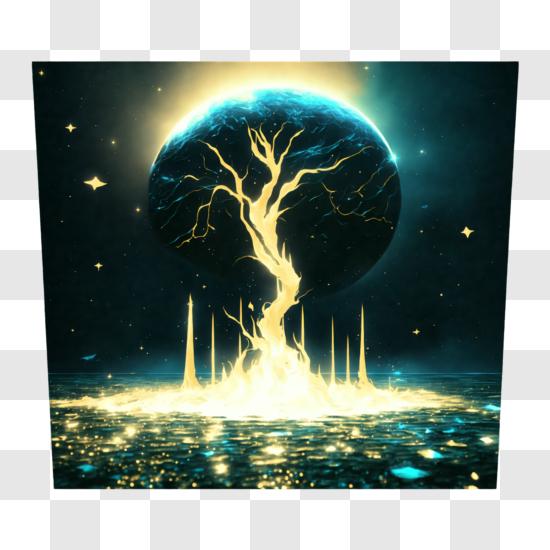 Tree of life glowing star like at night | Canvas Print
