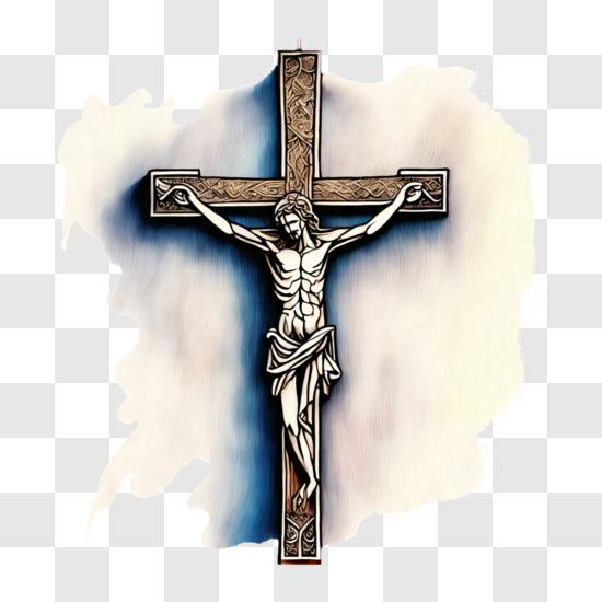 Download Silhouette of Jesus on the Cross with Leaves PNG Online