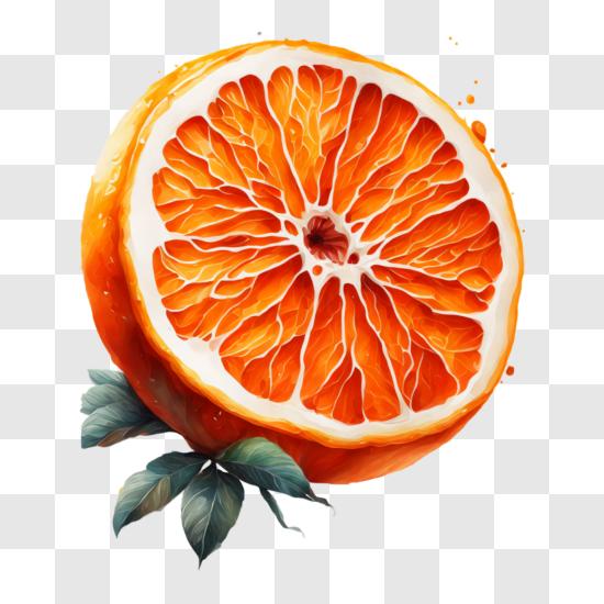 Halbe Orange mit Blatt oben PNG
