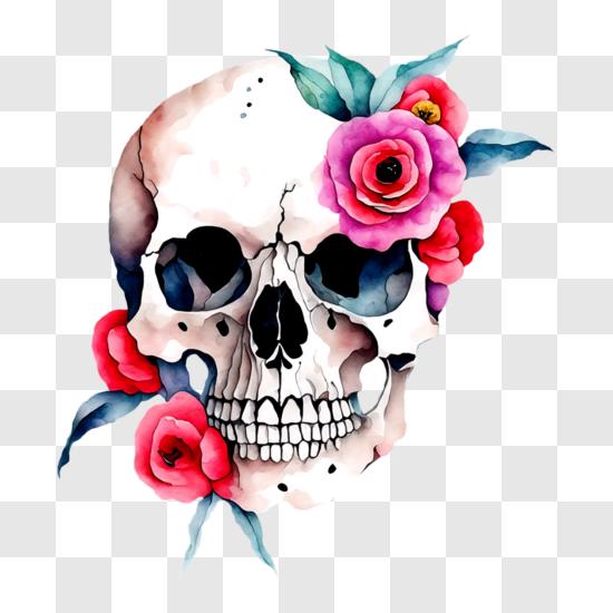 Skull with Pink Roses PNG