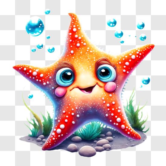 Estrela-do-mar sorridente de desenho animado cercada por bolhas e algas marinhas PNG