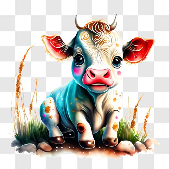 Curious Cow in a Field of Green Grass PNG