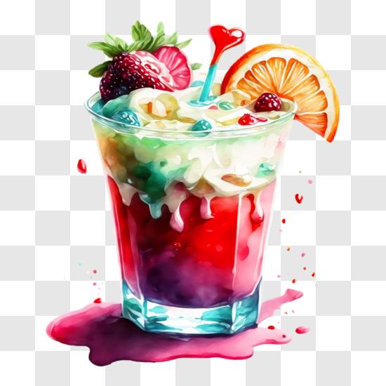 Bebida Colorida com Chantilly e Frutas PNG