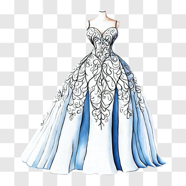 Download Elegant White and Blue Ball Gown with Floral Designs PNGs Online -  Creative Fabrica