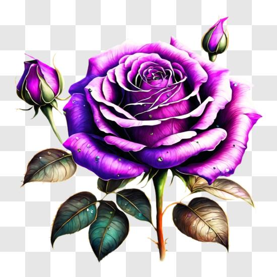 Purple Rose with Green Leaves on a Black Background PNG