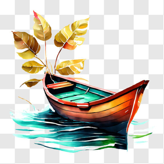 Download Serene Image of a Wooden Boat and Leaf on Water PNG