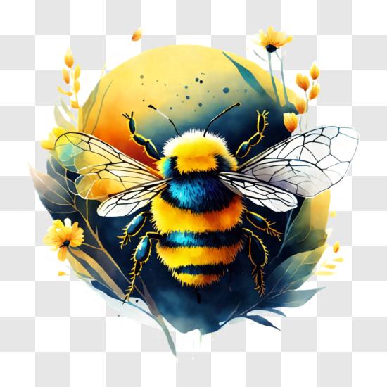 Colorful Bee on a Branch with Flowers and Starry Sky PNG
