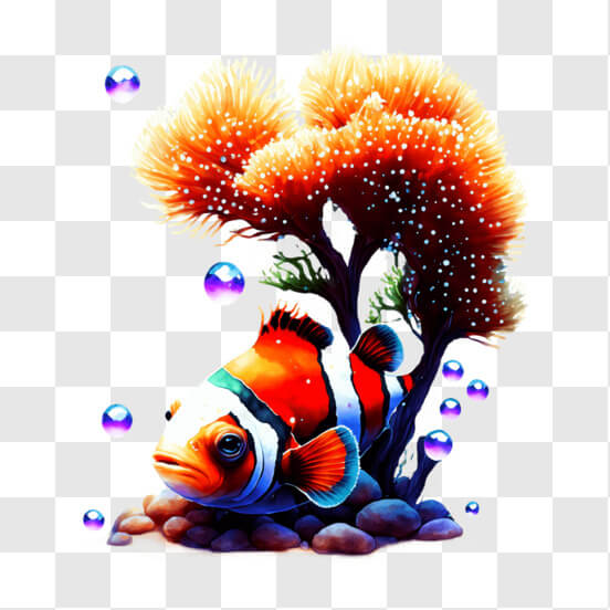 Download Colorful Fish in Coral Reef with Bubbles PNG Online - Creative  Fabrica