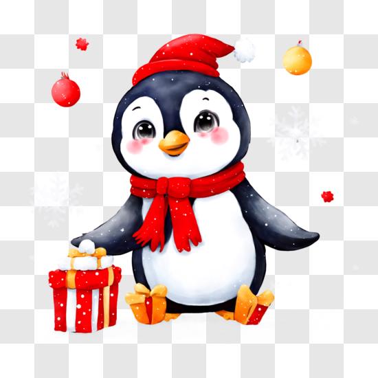 Adorable Penguin with Red Scarf and Gift Box PNG