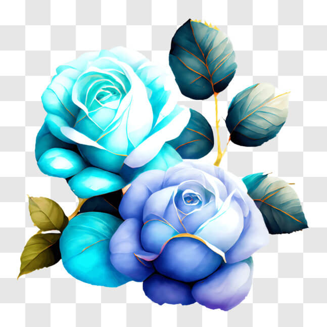 Download Two Blue Roses with Leaves PNG Online - Creative Fabrica