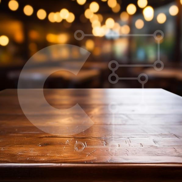 Tavolo di legno vuoto in un ristorante o bar poco illuminato foto stock