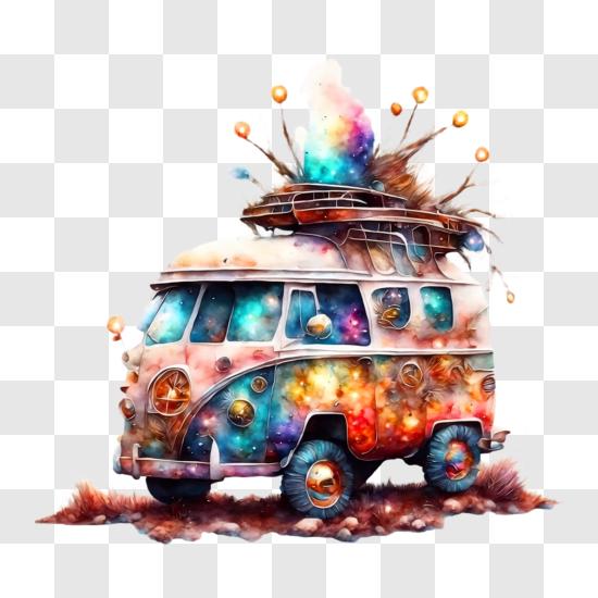 Colorful Van with Psychedelic Design on a Dirt Road PNG