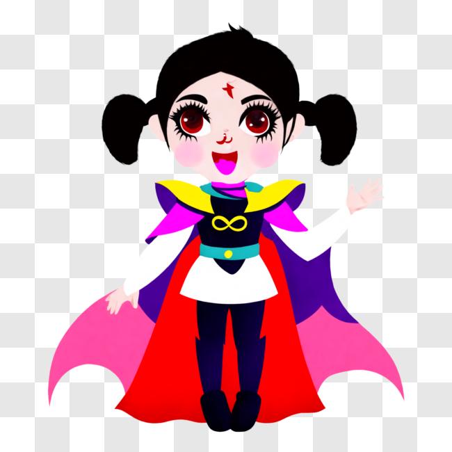 Download Cartoon Character Young Girl with Purple Cape and Wand PNG