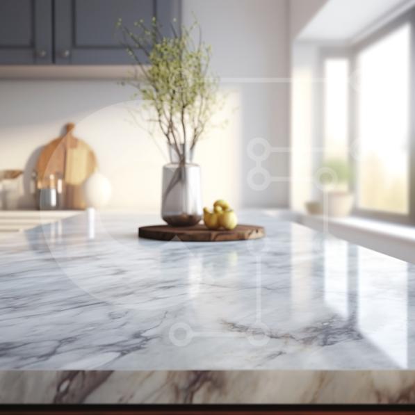 Marble Kitchen Countertop with Fruit and Flowers stock photo | Creative ...