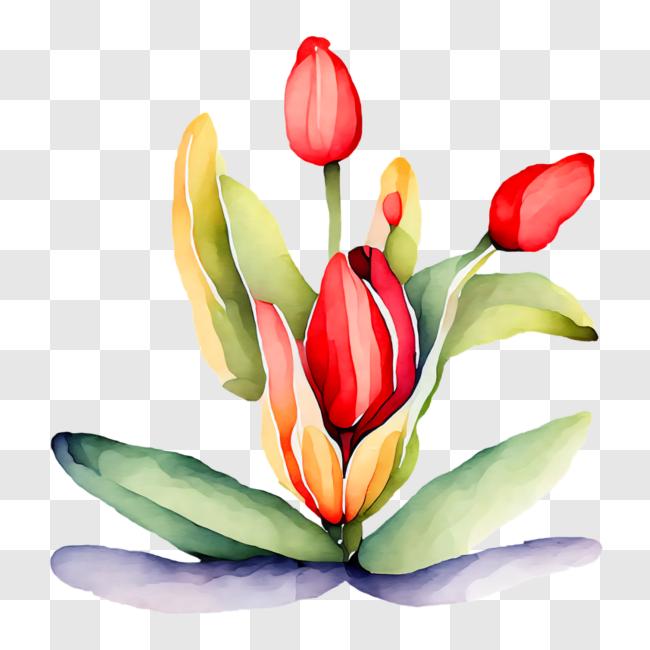 Download Group of Red Tulips with Green Leaves and Stems PNG Online ...