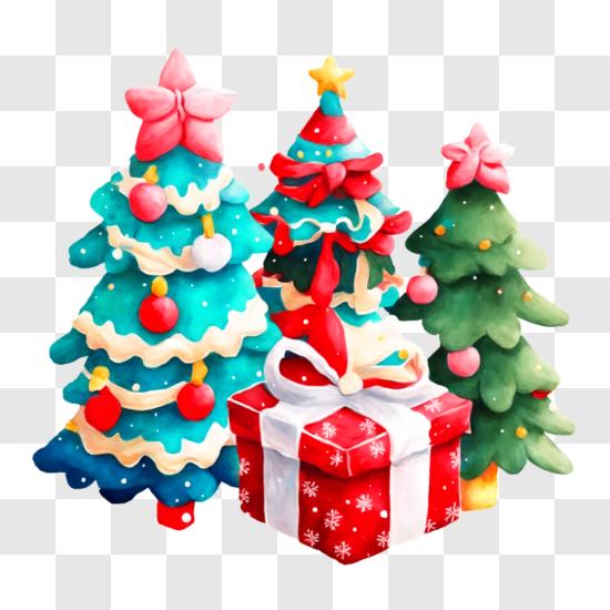 Scarica Alberi di Natale festosi con ornamenti colorati e scatola regalo  PNG Online - Creative Fabrica