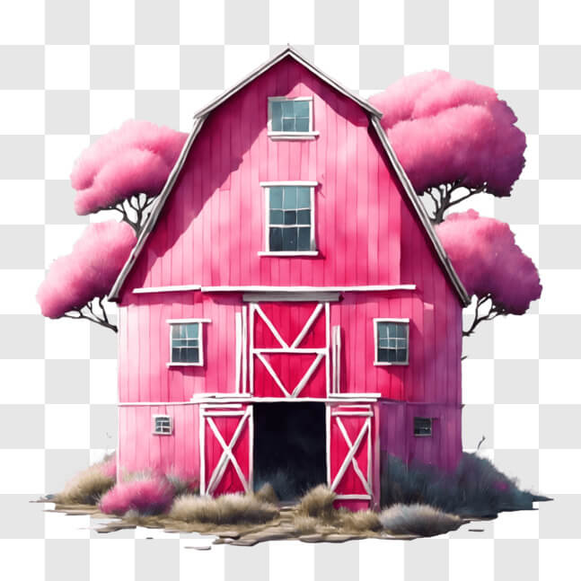 Download Pink Barn with Blossoming Tree PNGs Online - Creative Fabrica