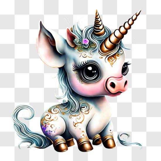 Cartoon Unicorn with Pink Mane and Crown PNG