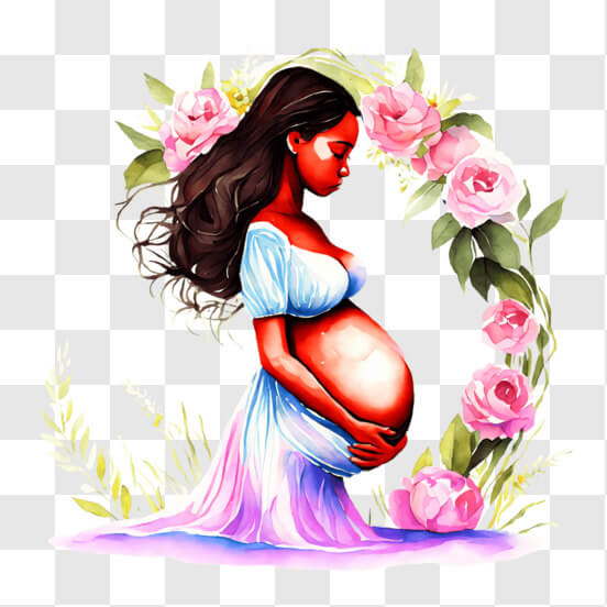 Download Beautiful Pregnant Woman in Blue Dress with Flowers PNG
