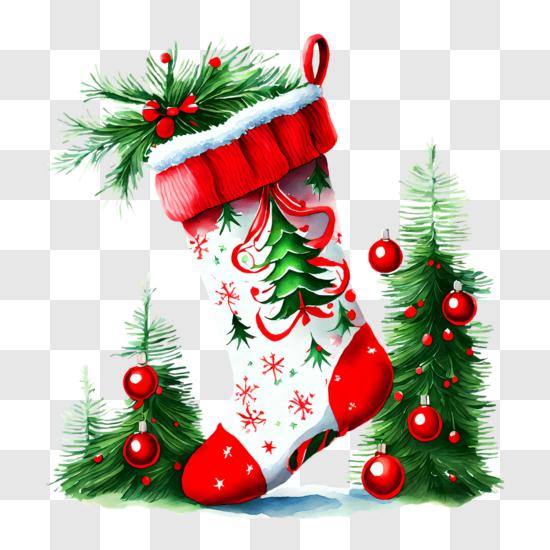 Red and White Christmas Stocking Hanging from a Pine Tree Branch PNG