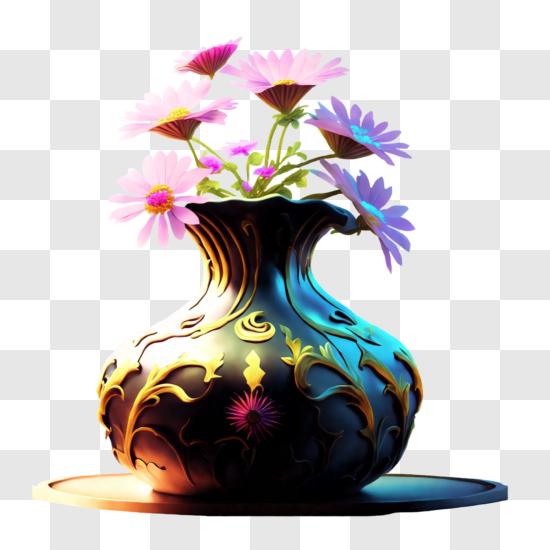 Download Blue Vase with Pink and Orange Flowers PNG Online Creative