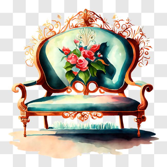 Download Blue Couch with Ornate Gold and Floral Decorations PNG Online ...