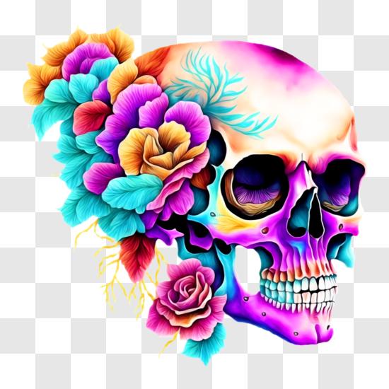 Colorful Skull with Flowers PNG