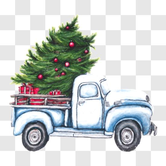 Caminhão de entrega azul vintage com árvore de Natal PNG