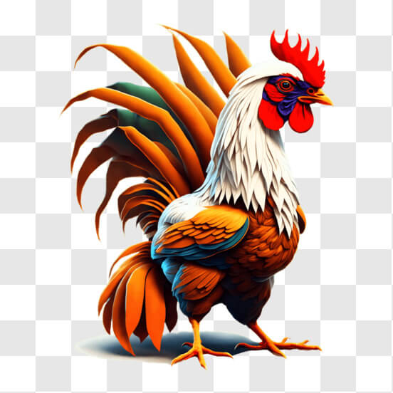 Download Colorful Rooster with Spread Tail Feathers PNG Online
