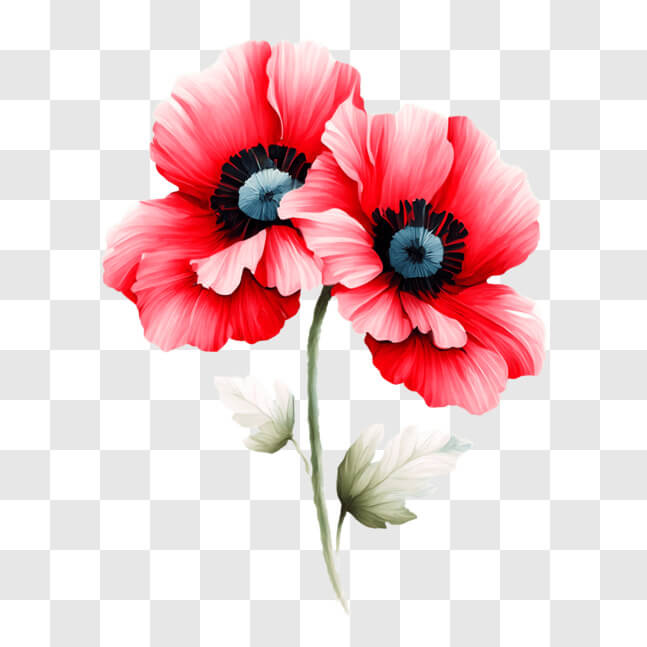 Download Two Red Poppies with Green Leaves PNGs Online - Creative Fabrica