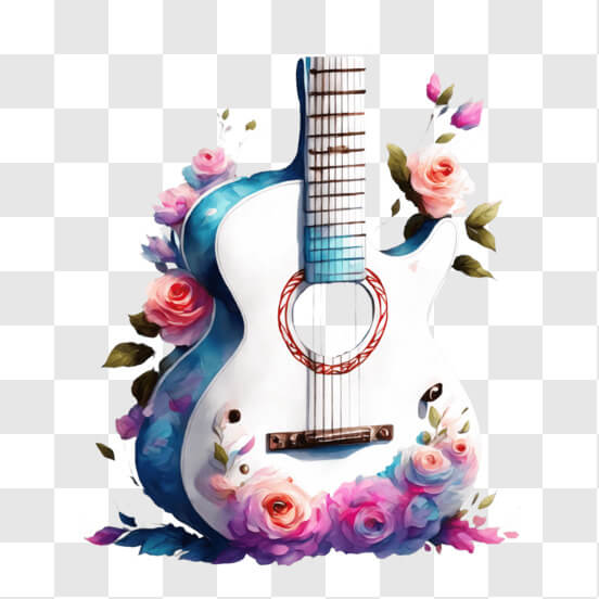 Download White Guitar with Floral Decoration PNG Online - Creative Fabrica
