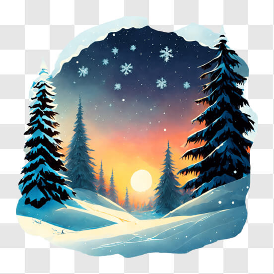 Download Winter Scene with Snow-Covered Trees and Mountain Sunset PNG  Online - Creative Fabrica