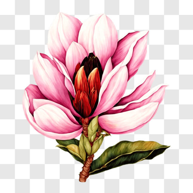 Download Pink Magnolia Flower with Green Leaves on Black Background ...