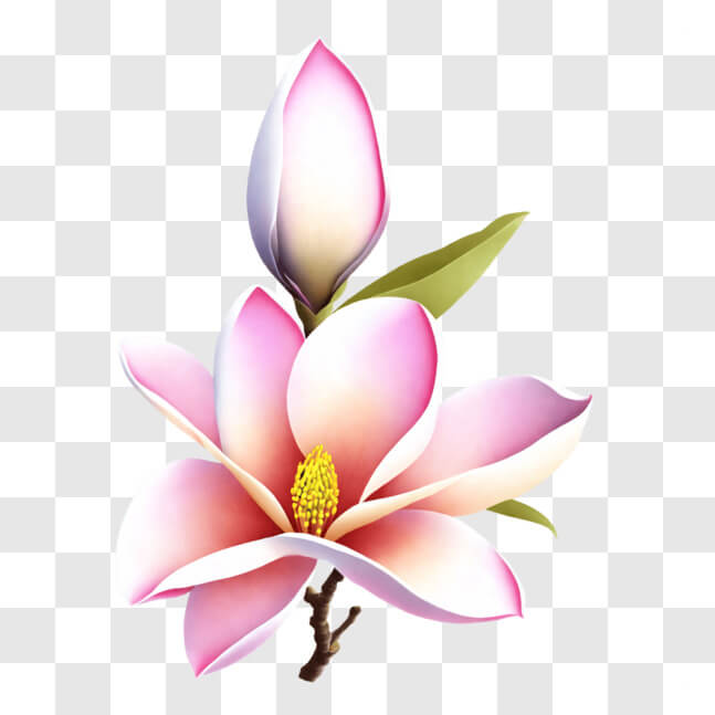 Download Pink Magnolia Flower with Green Leaves on Black Background ...